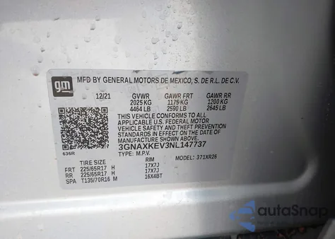 2022 Chevrolet Equinox Lt из США, поврежденный, VIN 3GNAXKEV3NL147737